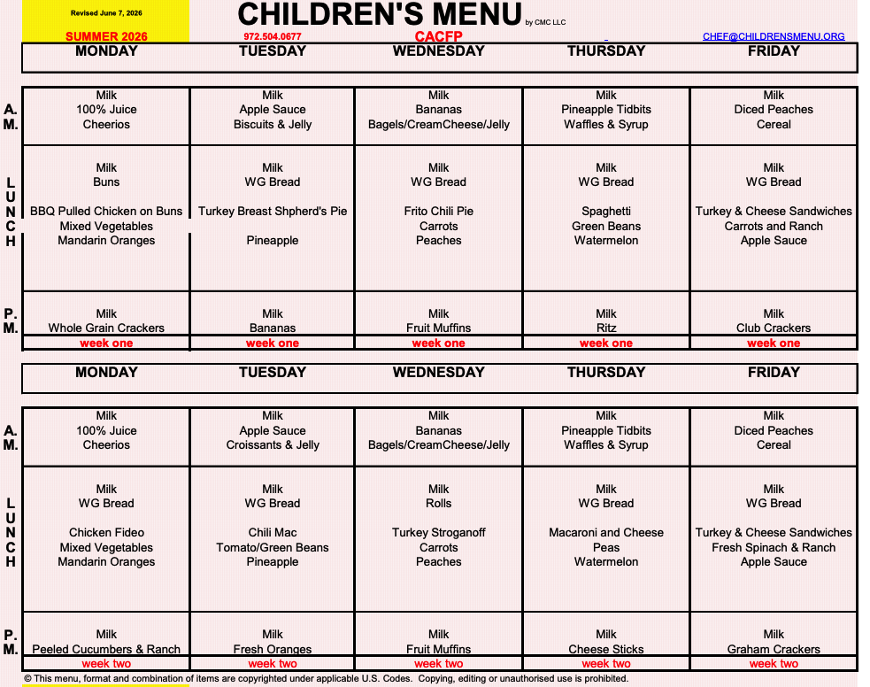 CACFP menu summer cacfp-august